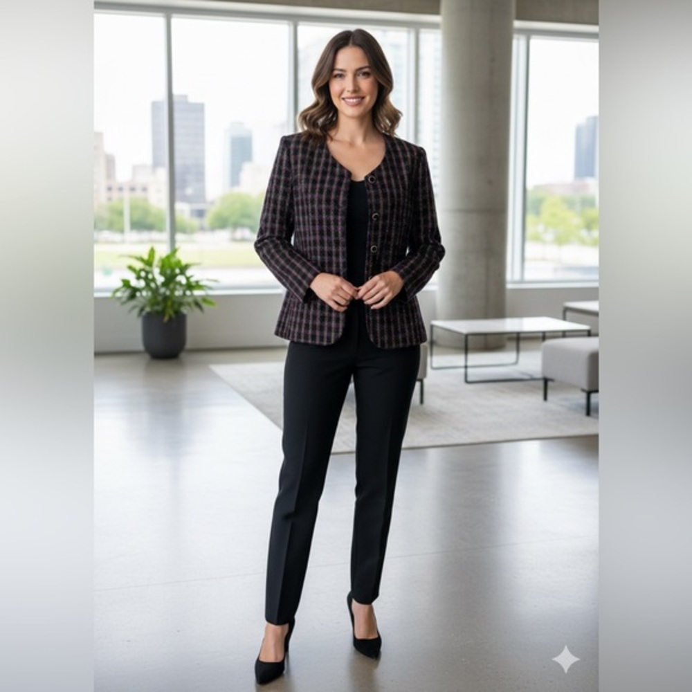Vtg Modiano Women’s 10 100% Wool Black Multicolor Plaid Tweed Blazer Jacket M